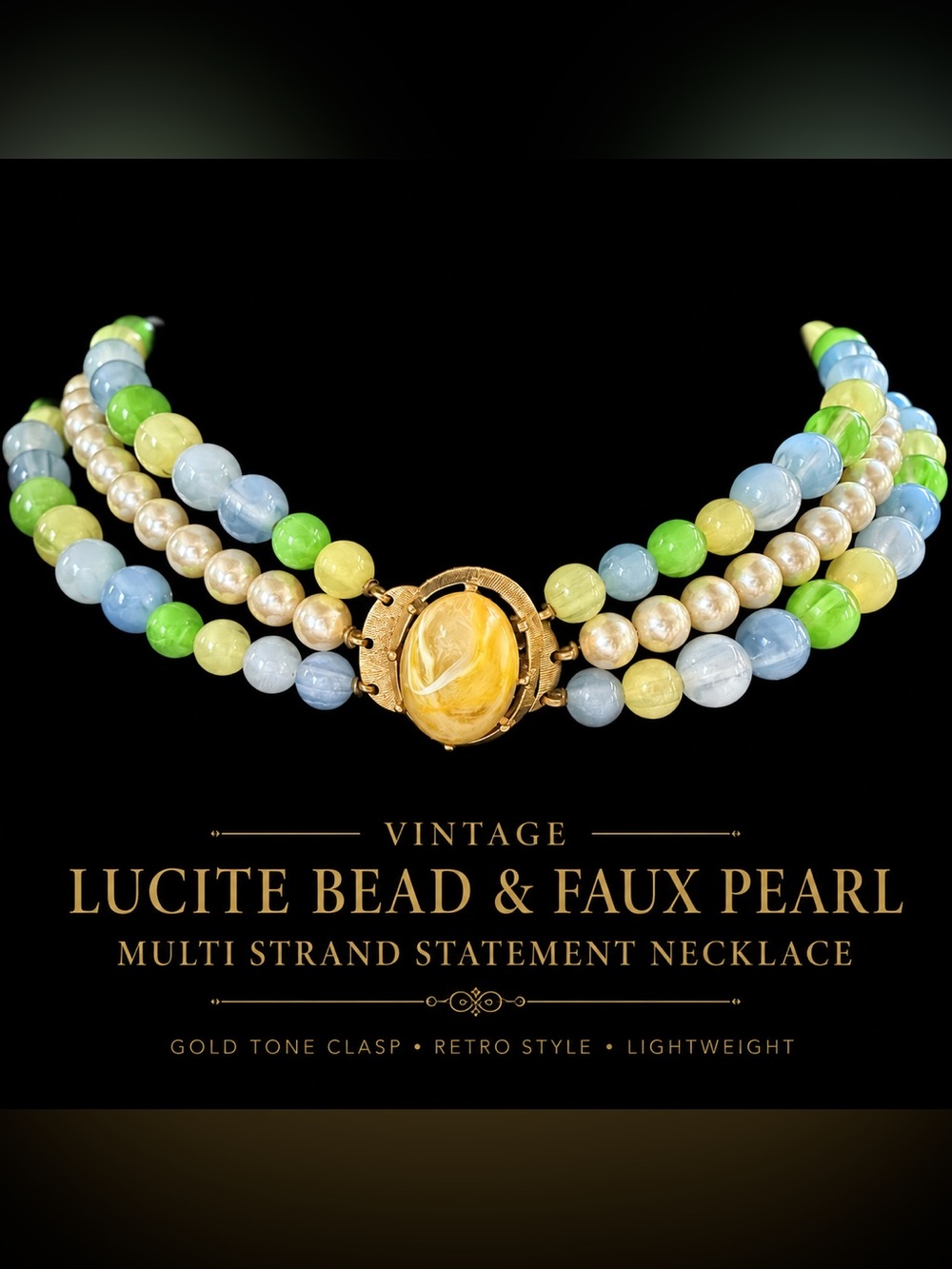Vintage Multi-Strand Lucite Bead Statement Necklace - Yellow, Blue, Green, Pearl